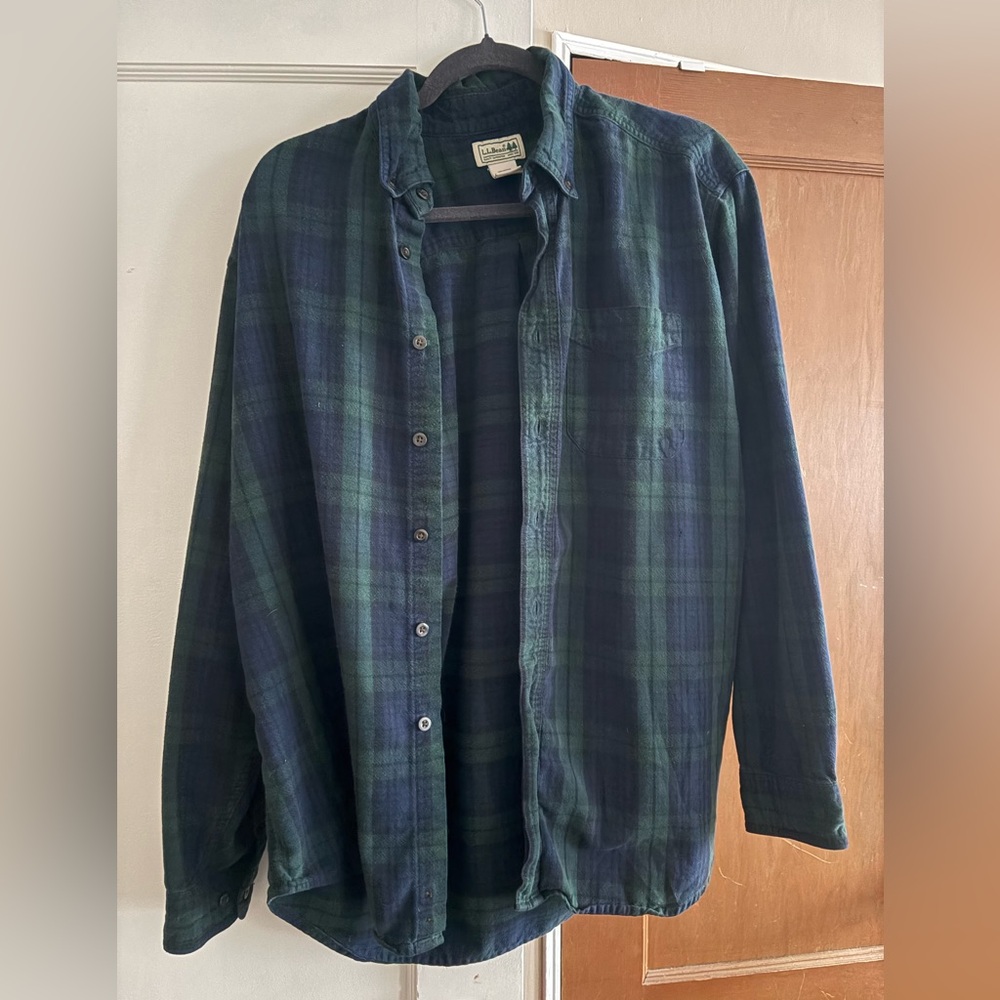 LL Bean Blackwatch Blue/ Green Plaid Button Down Flannel Shirt Mens Large Reg